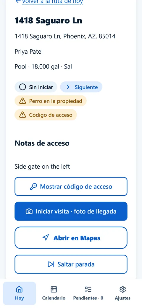 Stop detail with address, pool size, access notes and buttons to show the gate code, start the visit, open in Maps or skip the stop