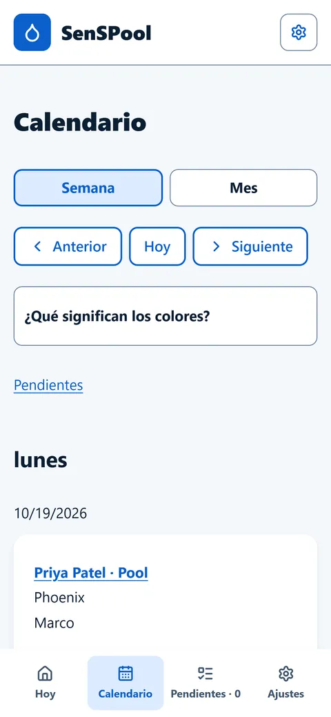 Technician calendar in Spanish with week and month views and the stops for Monday