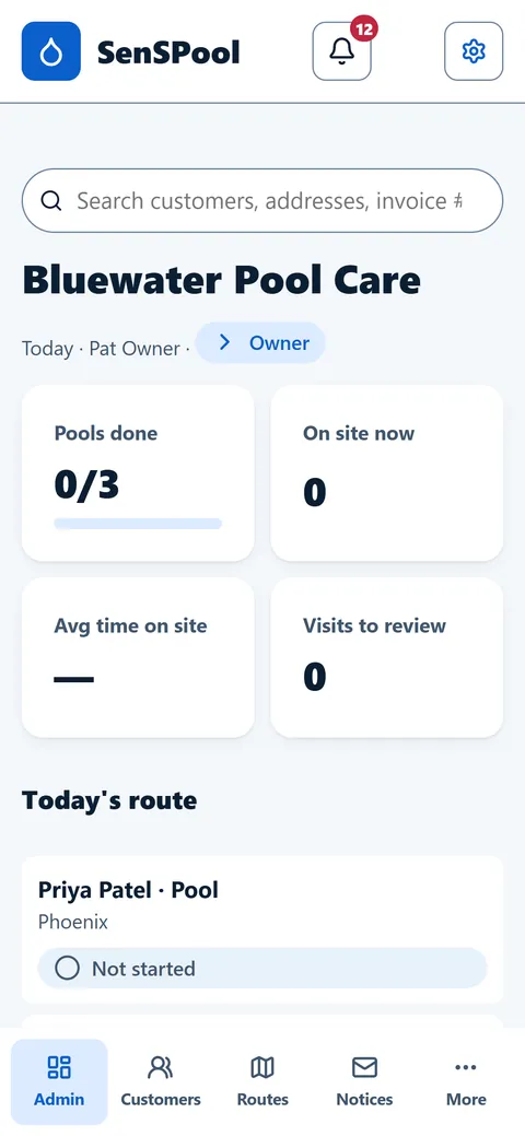 Admin dashboard on a phone with pools done, on site now, average time on site, visits to review and today's route