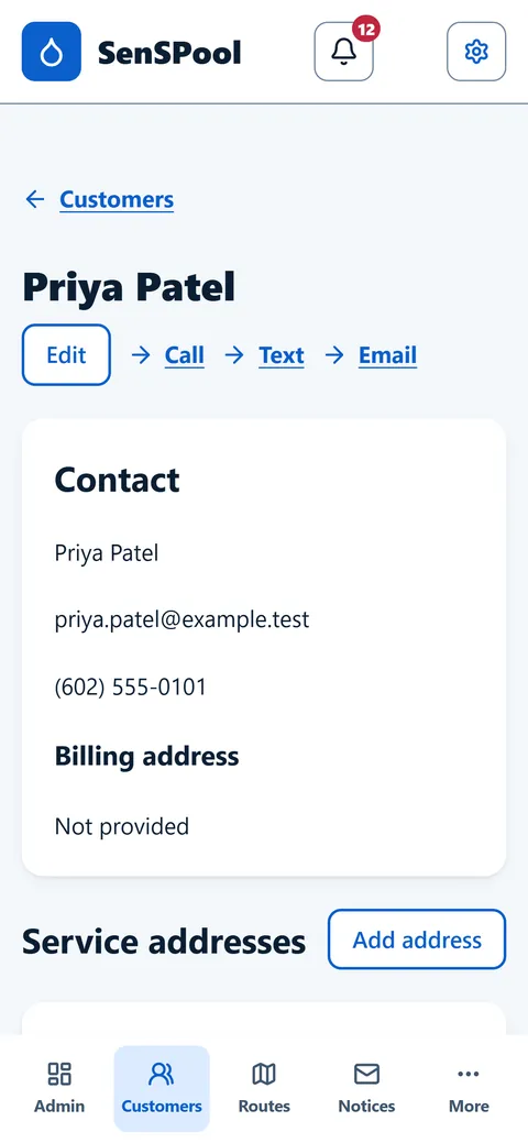 Customer detail screen with contact information, Call, Text and Email shortcuts and service addresses