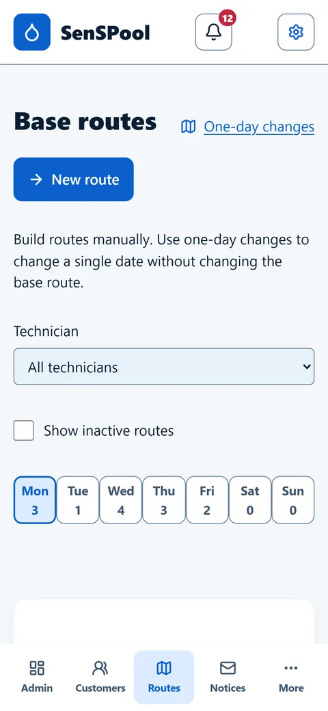 Admin routes screen in English with a New route button, technician filter and days of the week