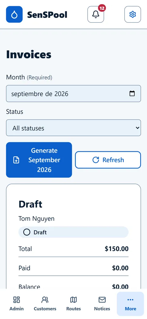 Invoices screen with a month picker, a button to generate the month's invoices and a draft invoice showing total, paid and balance