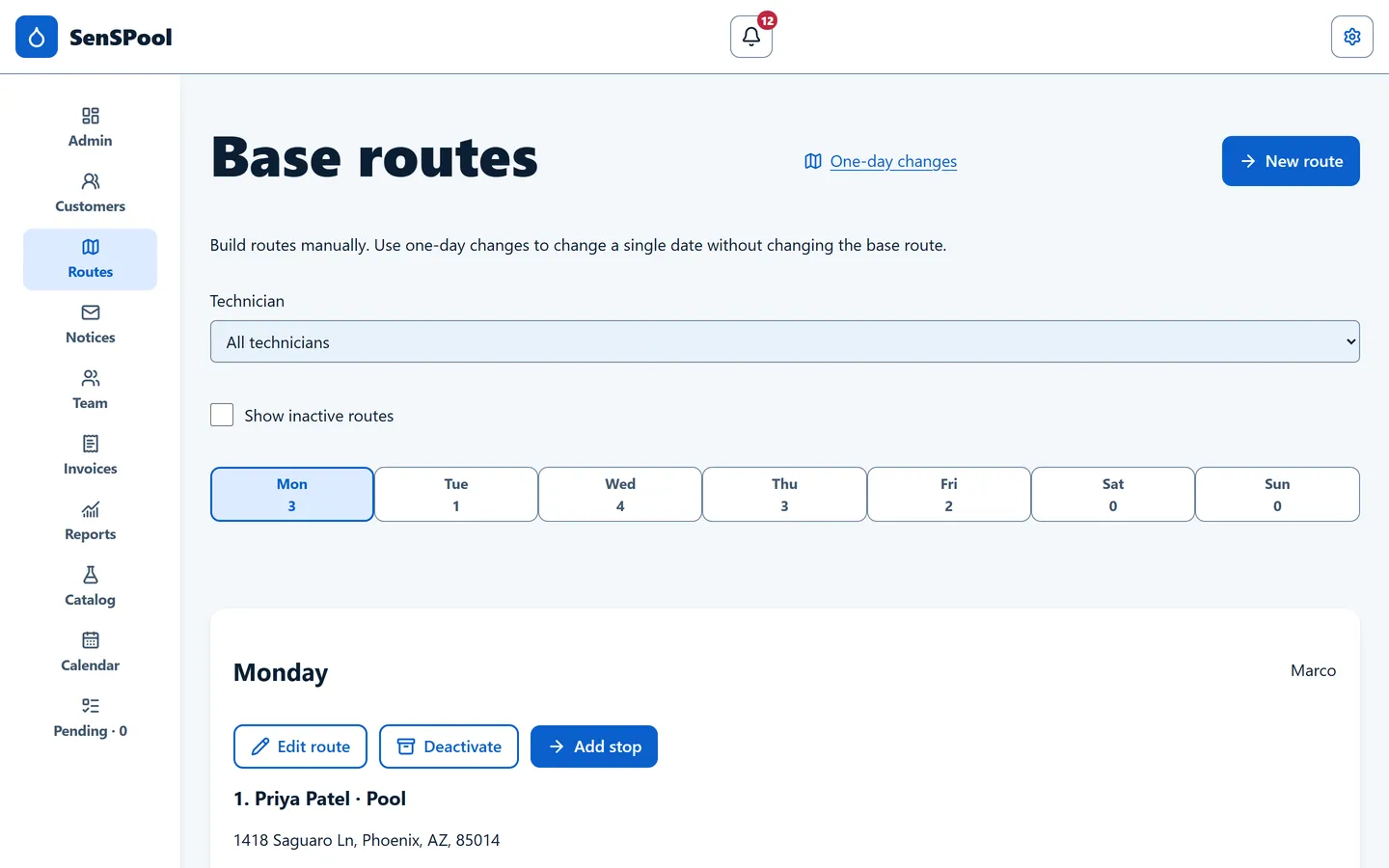 Base routes screen on a computer, with stops per day of the week and a filter by technician